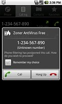 Odložení hovoru Zoner AntiVirus Free (mobilní) Odložení hovoru